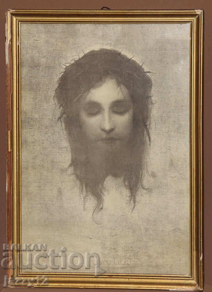 Licitație Litoografie veche înrămată, icoană Iisus Hristos Licitație Litoografie veche înrămată, icoană Iisus Hristos