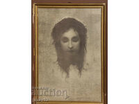 Litoografie veche înrămată, icoană Iisus Hristos