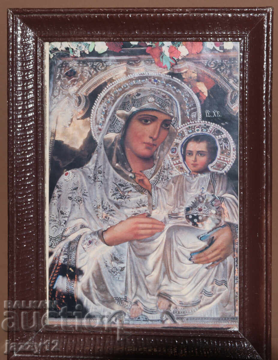 Παλιά, πλαισιωμένη εικόνα λιθογραφία Παναγία με το Θείο Βρέφος με τιμή 150.00 BGN | € 76.69
