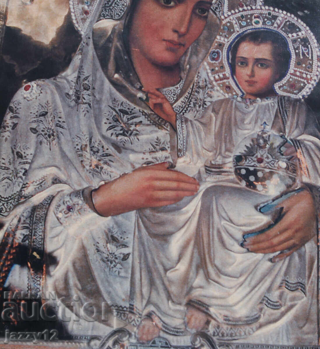 Παράδοση Παλιά, πλαισιωμένη εικόνα λιθογραφία Παναγία με το Θείο Βρέφος