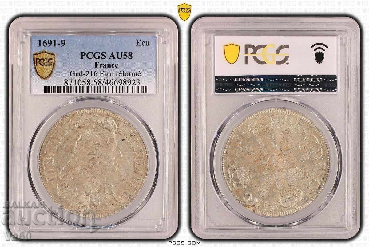 Ecu 1691 Rennes Franța argint AU58 PCGS Ecu 1691 Rennes Franța argint AU58 PCGS
