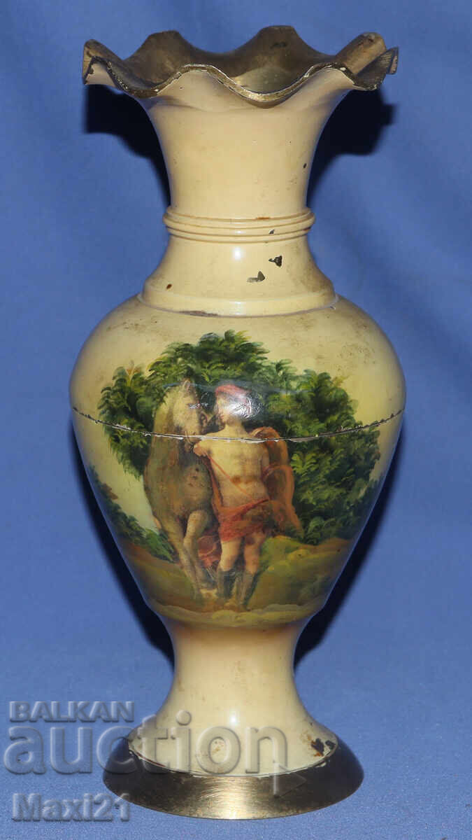 Винтидж  ръчно рисувана месингова ваза - 7