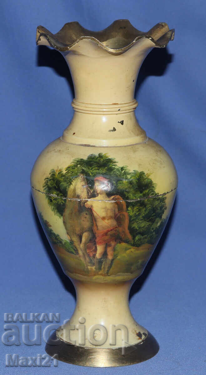 Винтидж  ръчно рисувана месингова ваза