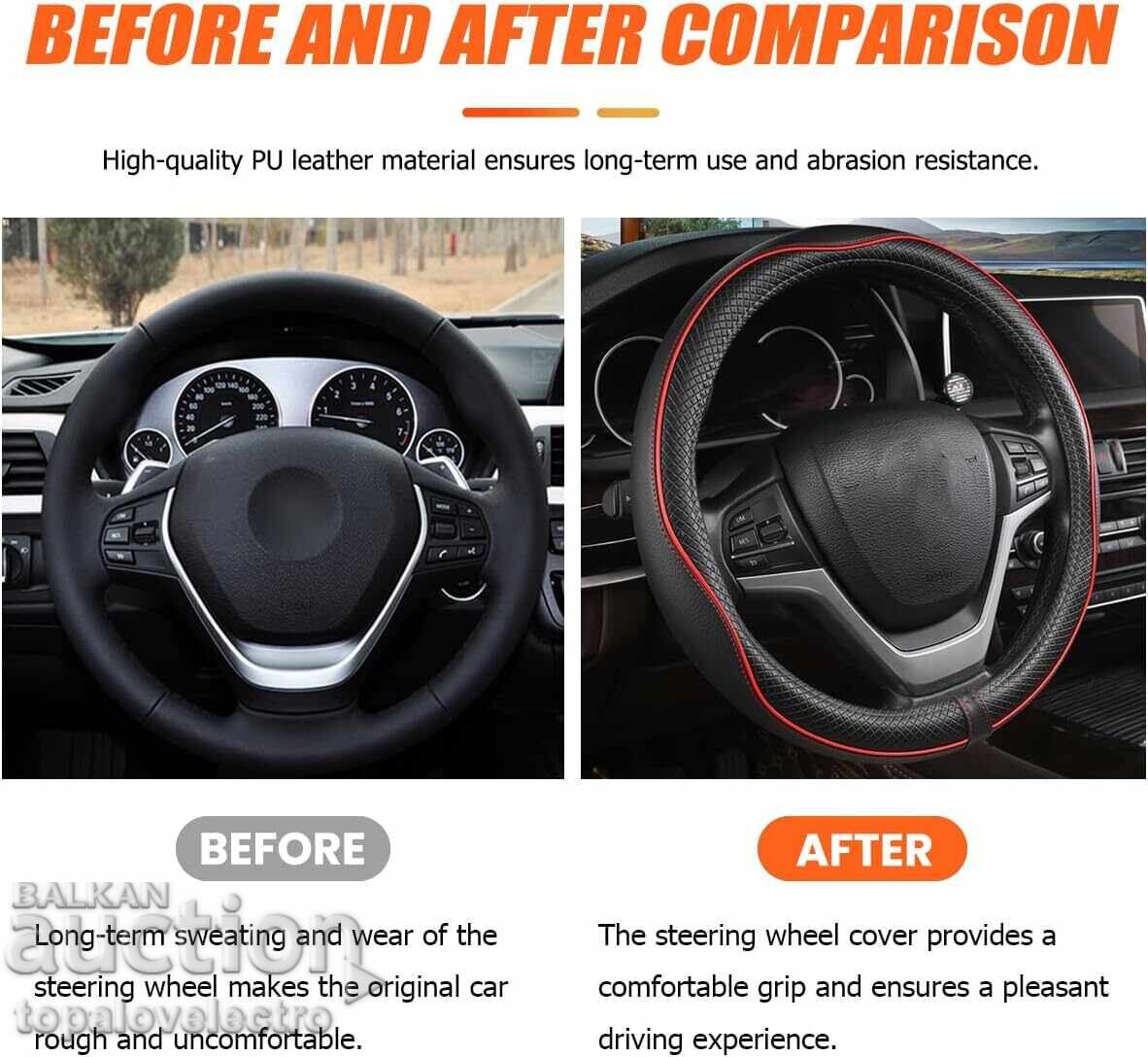 Auction  NEW! Universal Leather Steering Wheel Cover 37-38 cm - Black and