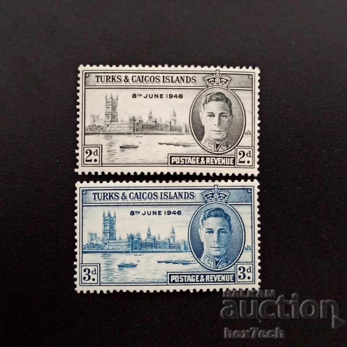 Νήσοι Τερκς και Κέικος 1946 2 και 3 πένες Το Τέλος του Δευτέρου Παγκοσμίου Πολέμου