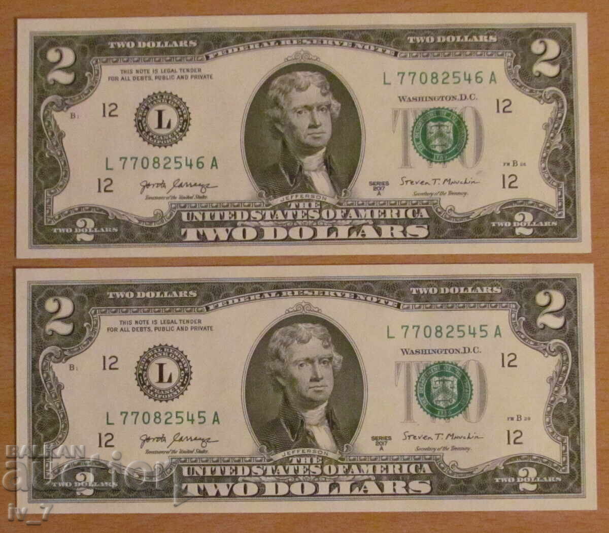 2 ΔΟΛΑΡΙΑ 2017, ΗΠΑ - 2 συνεχόμενοι αριθμοί - UNC