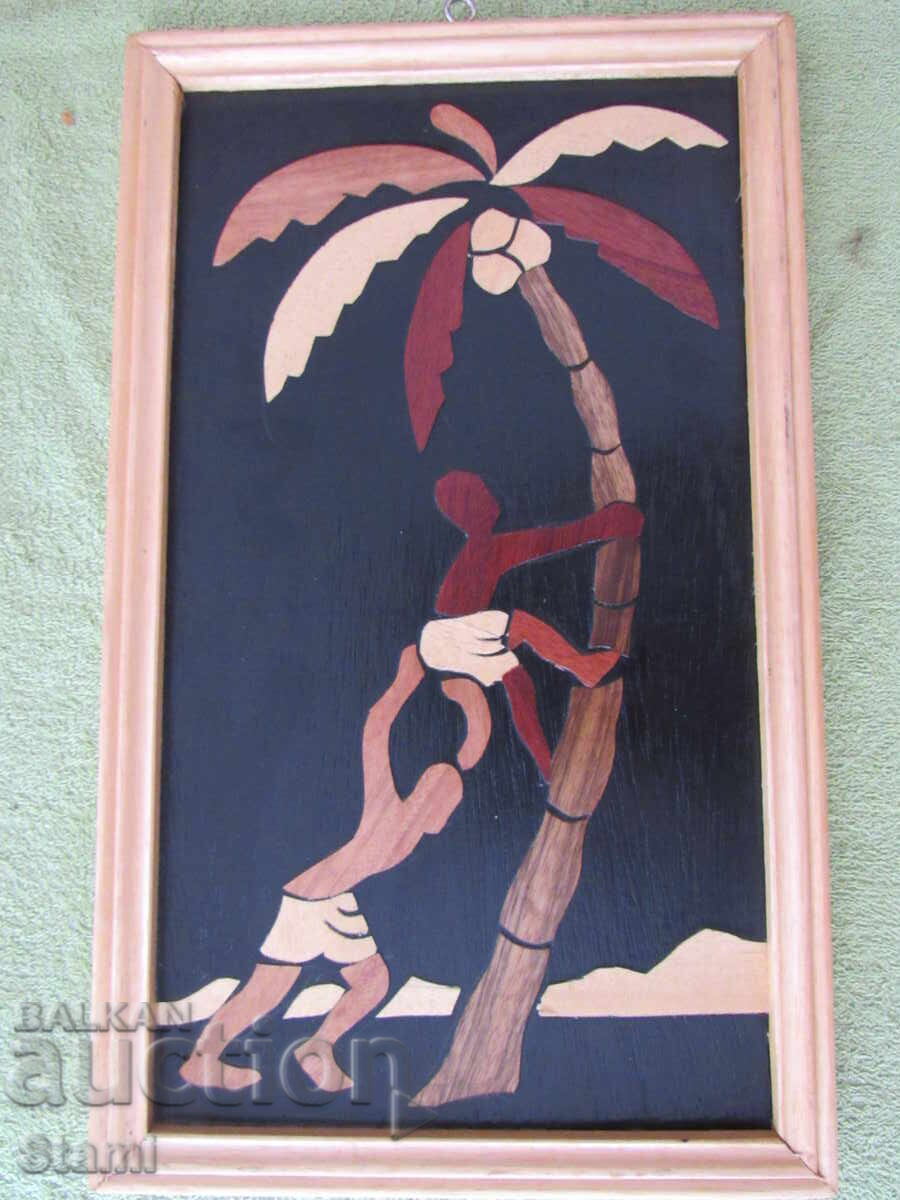 Sus pe palmier - pictură pe coajă de banană - 2 Sus pe palmier - pictură pe coajă de banană - 2