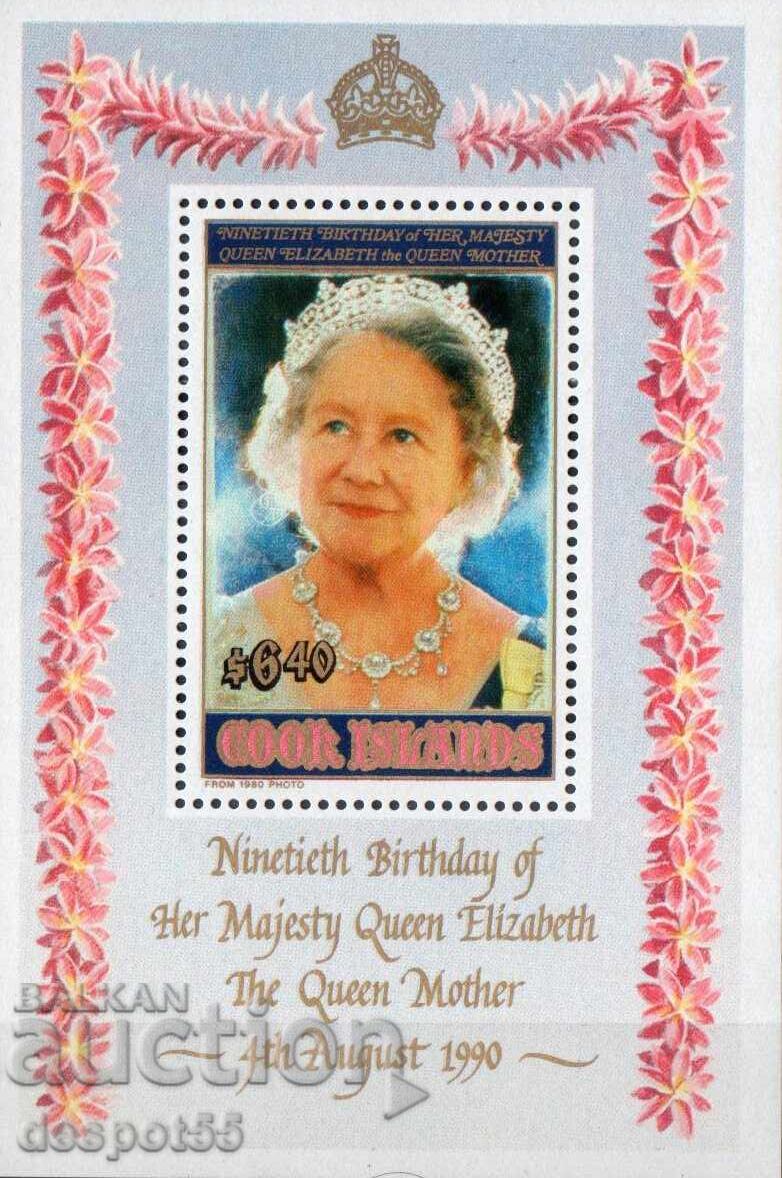 1990. O-vi Cook. Elisabeta, regina mamă - jubileu. Bloc 1990. O-vi Cook. Elisabeta, regina mamă - jubileu. Bloc