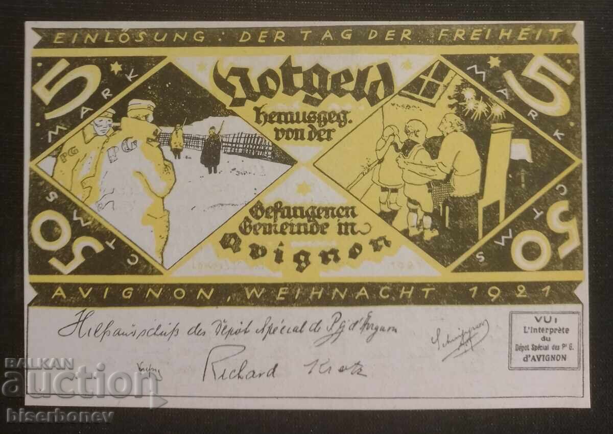 Στρατόπεδο αιχμαλώτων πολέμου Αβινιόν, Γαλλία, 5 μάρκα, 1921, UNC Στρατόπεδο αιχμαλώτων πολέμου Αβινιόν, Γαλλία, 5 μάρκα, 1921, UNC