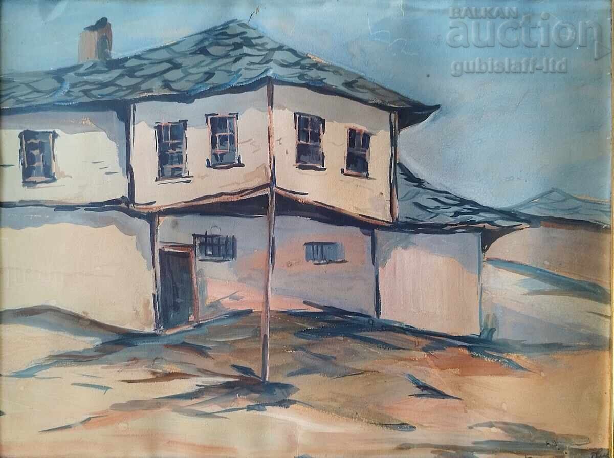 Картина, къщи, български автор, 1950-те г. с цена 240.00 лв. | € 122.71