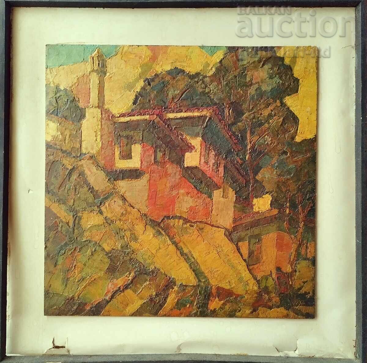 Painting, landscape, houses, artist Petar Nikolov (1928-2020)