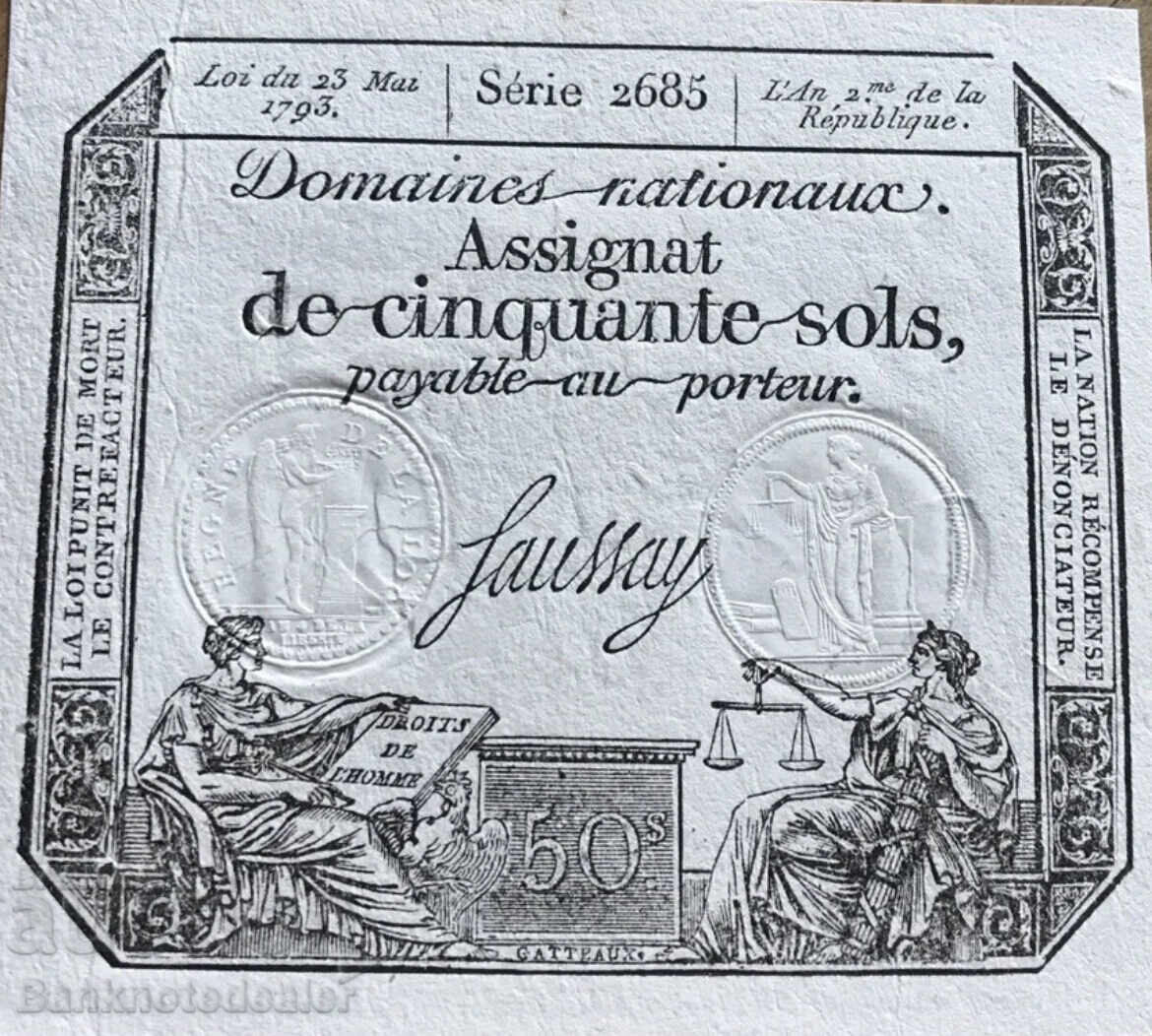 French Revolution France Assignat 50 Sols 1793