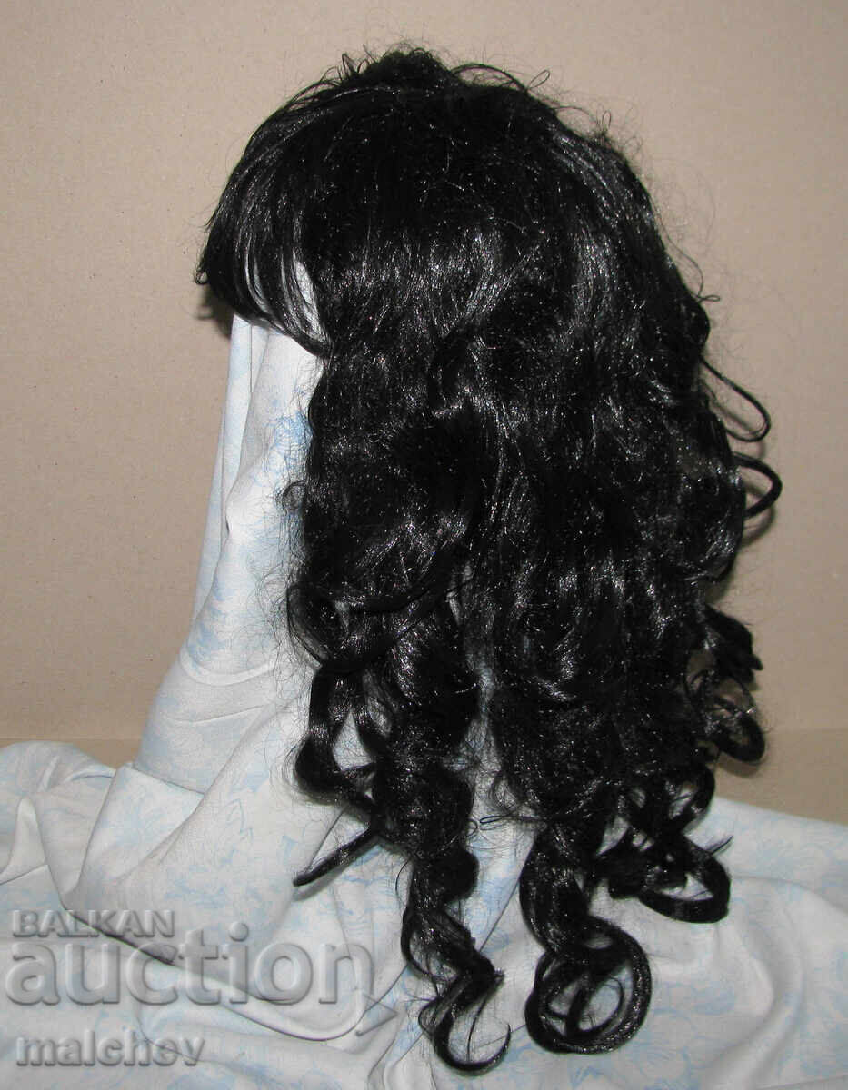 Перука от изкуствена коса 60 см черна на букли, отлична - 5