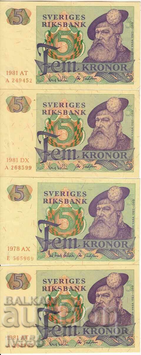 FOR SALE: LOT OF 4 OLD SWEDISH BANKNOTES - 5 KRONA 1978, 1981/UNC