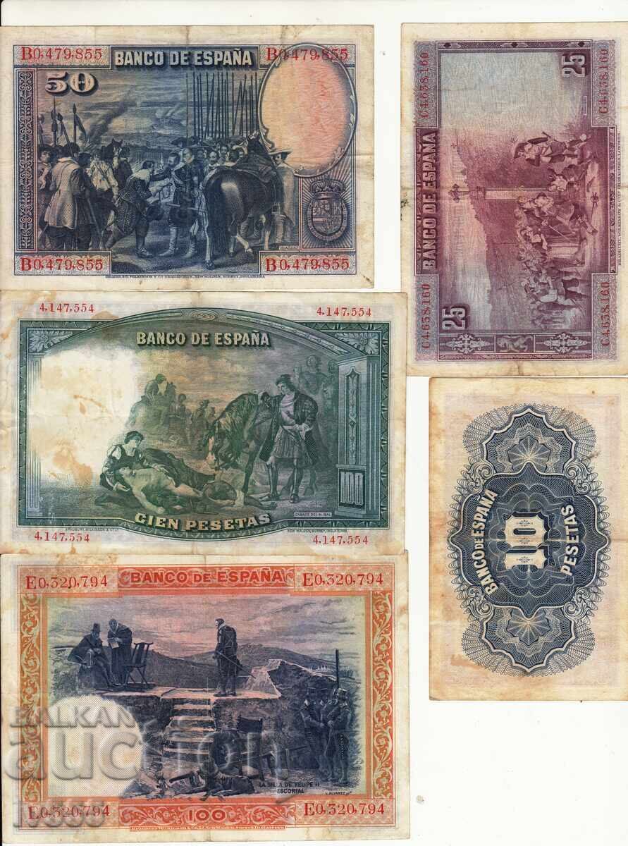 VÂND LOT 5 BANCNOTE SPANIOLE VECHI - 10,25,50,100 PESETAS cu preț 60.00 BGN | € 30.68 VÂND LOT 5 BANCNOTE SPANIOLE VECHI - 10,25,50,100 PESETAS cu preț 60.00 BGN | € 30.68
