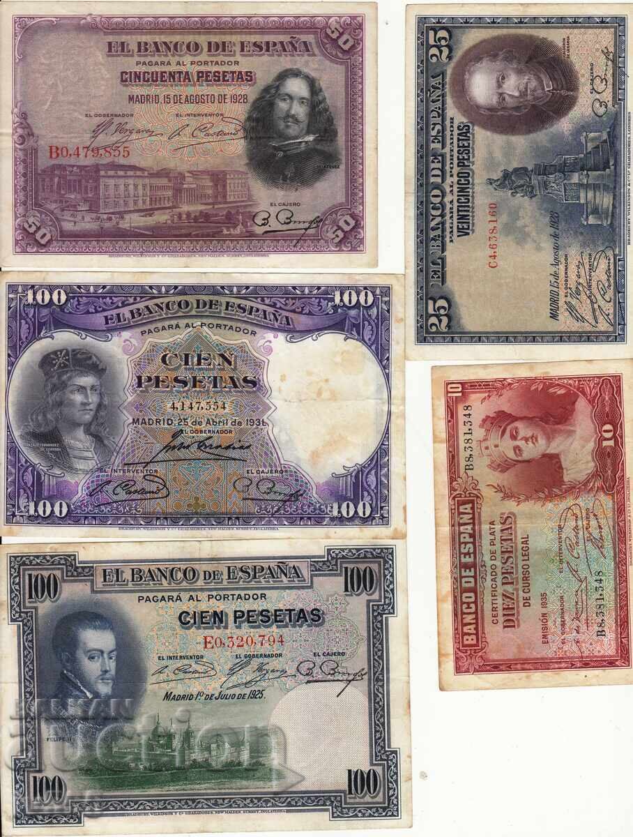 VÂND LOT 5 BANCNOTE SPANIOLE VECHI - 10,25,50,100 PESETAS VÂND LOT 5 BANCNOTE SPANIOLE VECHI - 10,25,50,100 PESETAS