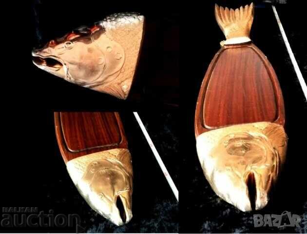 Παράδοση Βίντατζ πιατέλα ψαριού από μασίφ ξύλο και μπρούτζο, κεντρικό