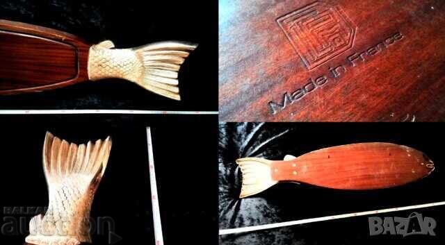 Platou vintage pentru pește din lemn masiv și bronz, central - 5