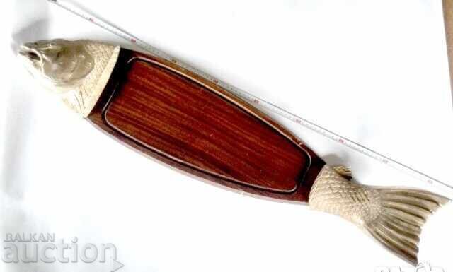 Platou vintage pentru pește din lemn masiv și bronz, central