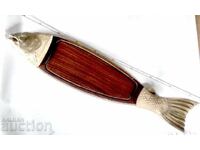 Platou vintage pentru pește din lemn masiv și bronz, central