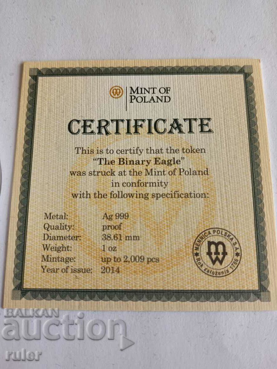 Delivery of 1 Bitcoin Cent Binary Eagle Silver 1 Oz. 2014