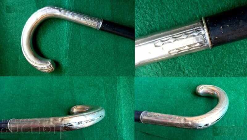 Auction  Old wooden walking stick with silver fittings, silver/nickel silver, early 20th century.
