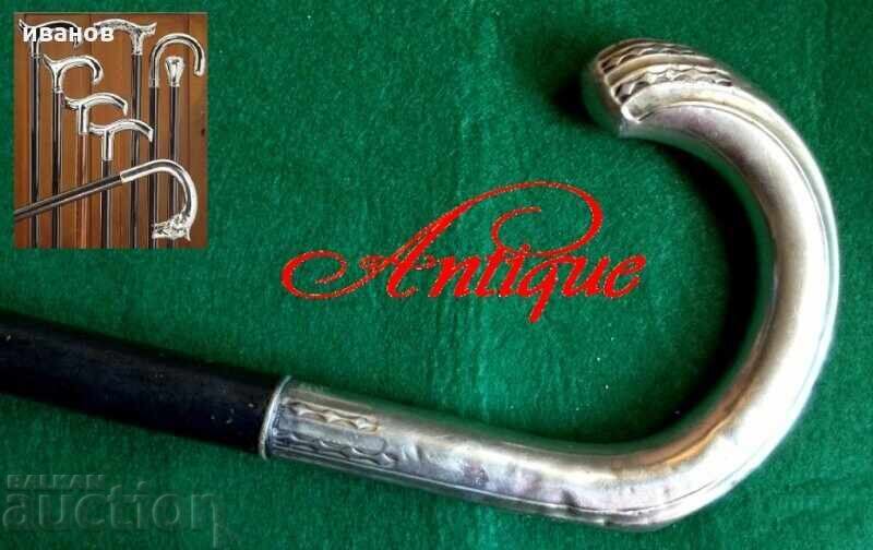 Παλιό μπαστούνι από ξύλο, ασημένια επένδυση, ασήμι/αλπακά, αρχές του 20ου αιώνα.