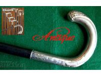 Παλιό μπαστούνι από ξύλο, ασημένια επένδυση, ασήμι/αλπακά, αρχές του 20ου αιώνα.