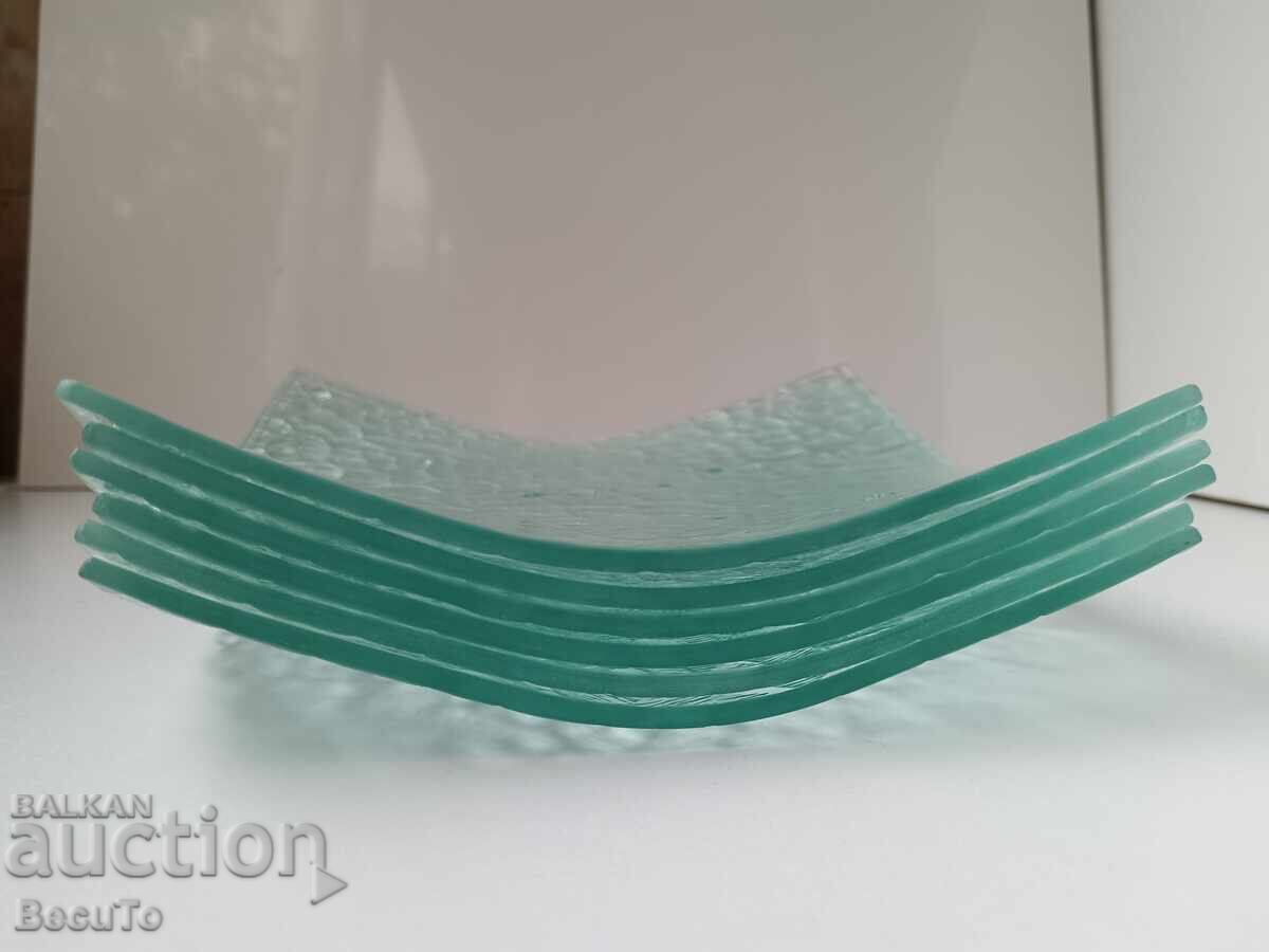 Auction Dessert plates of green-blue glass, square shape Auction Dessert plates of green-blue glass, square shape