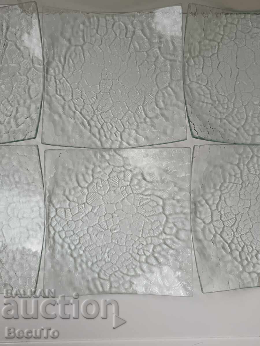 Dessert plates of green-blue glass, square shape - 5 Dessert plates of green-blue glass, square shape - 5