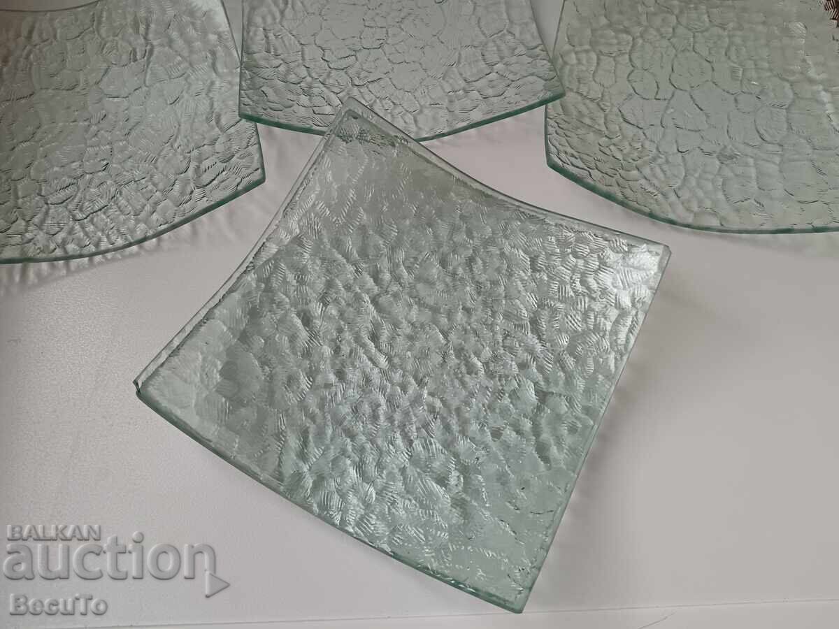 Dessert plates of green-blue glass, square shape - 6 Dessert plates of green-blue glass, square shape - 6