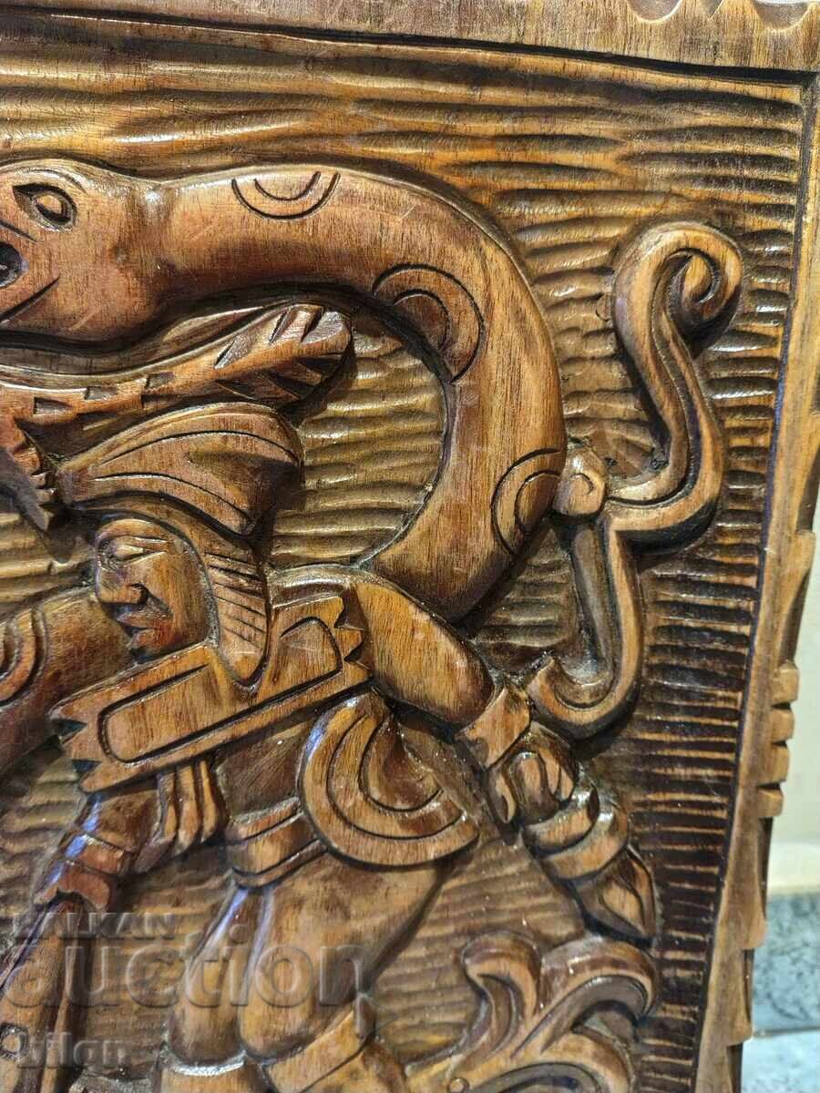 Παράδοση Εξαιρετικό Παλιό Πίνακας Ξυλογλυπτικής - Αζτέκοι Και Μάγια