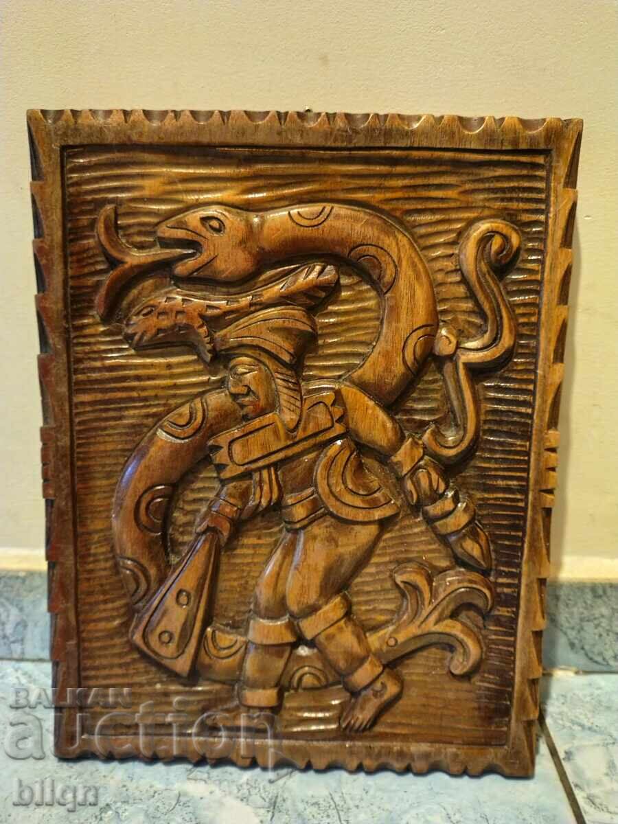 Εξαιρετικό Παλιό Πίνακας Ξυλογλυπτικής - Αζτέκοι Και Μάγια
