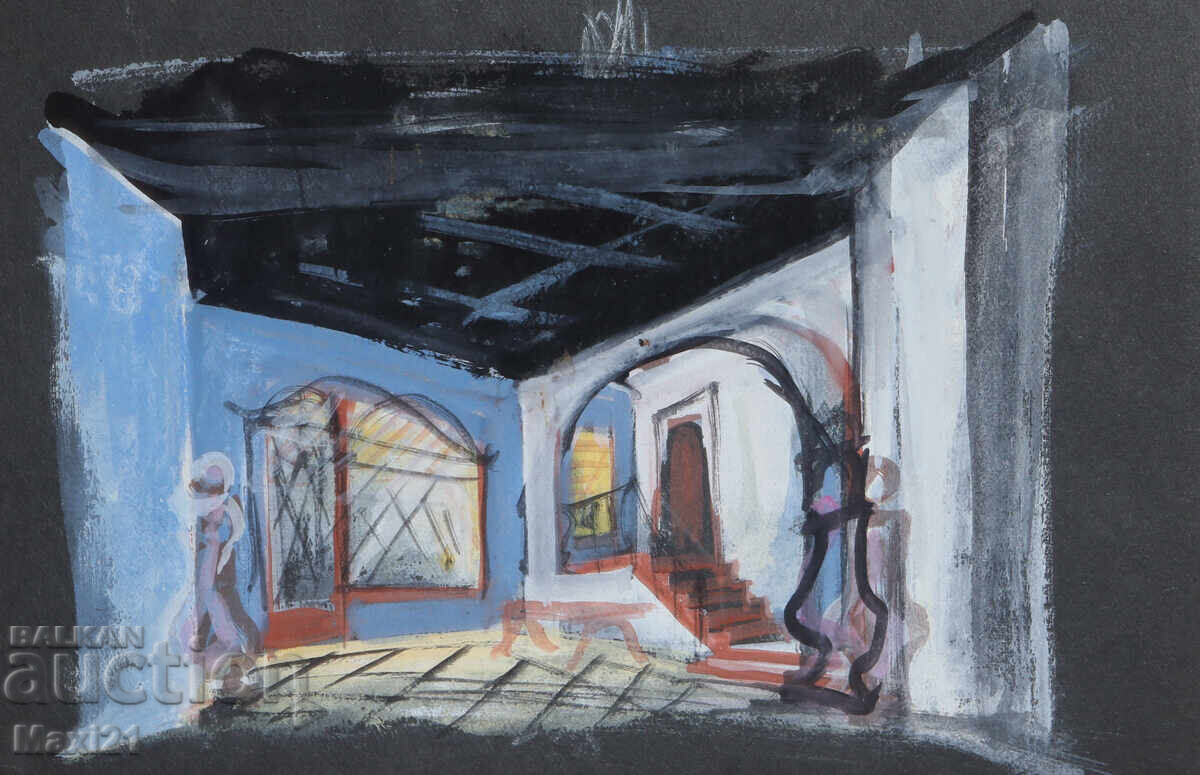 Gouache painting, scenography, interior