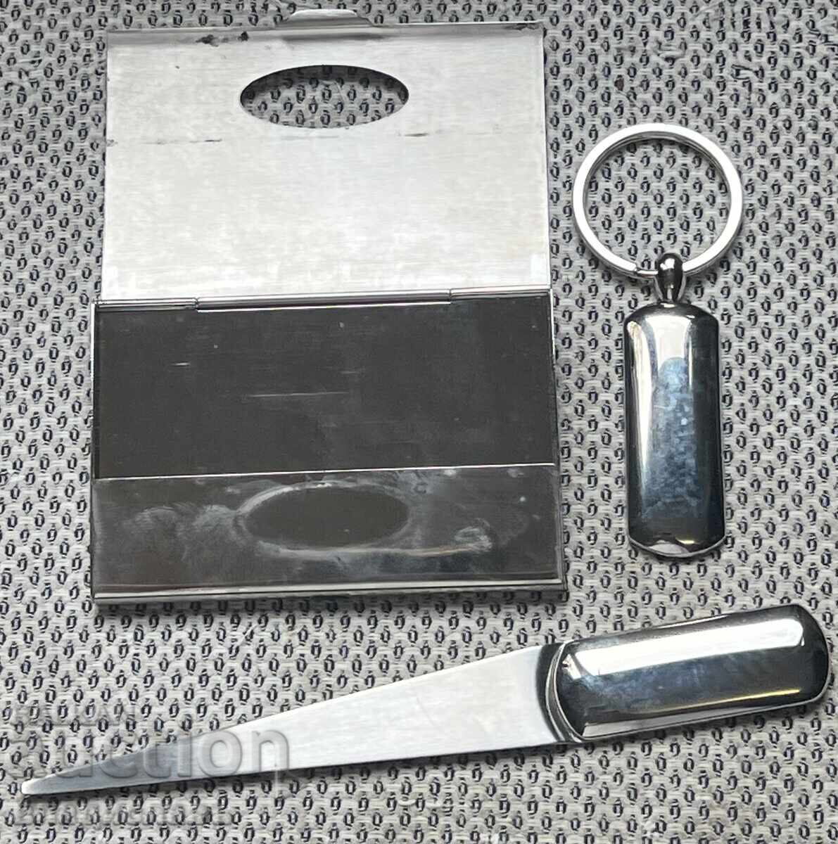 Set of metal letter opener, business card holder, and keychain with price 20.00 BGN | € 10.23
