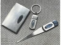 Комплект метални нож за хартия, визитник и ключодържател