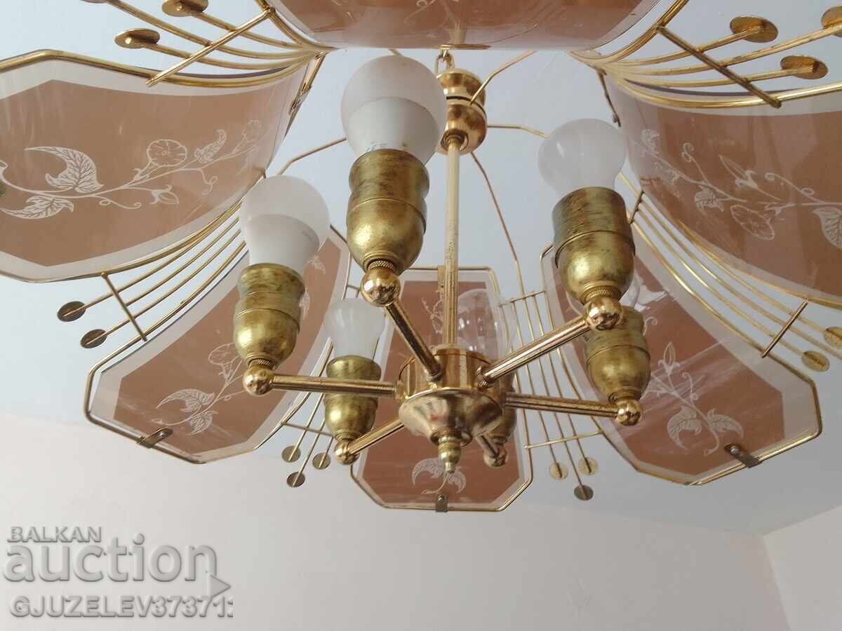 Vintage chandelier brass glass - 5