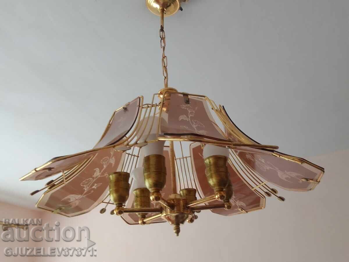 Vintage chandelier brass glass - 7