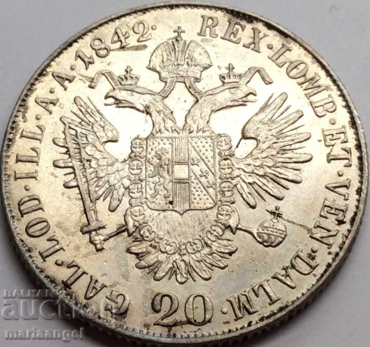 Ουγγαρία 20 κρόιτσερ 1842 Μ - Μιλάνο Φερδινάνδος Α' 6,62γρ - 6