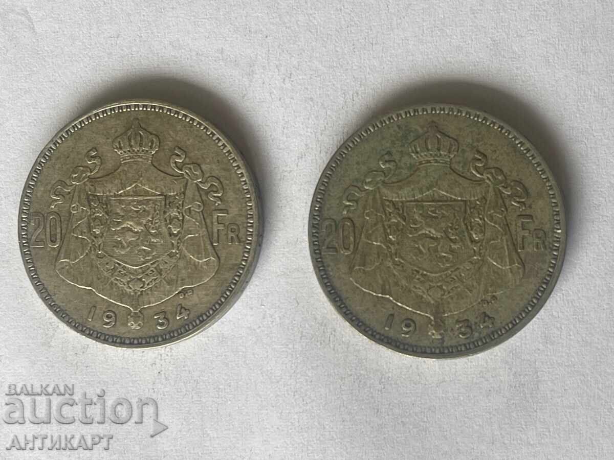 Belgium 2 silver coins of 20 francs 1934 Belgium 2 silver coins of 20 francs 1934