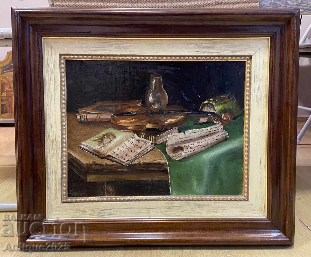 Винтидж картина „Цигулка и ноти“ (подпис: Gener)