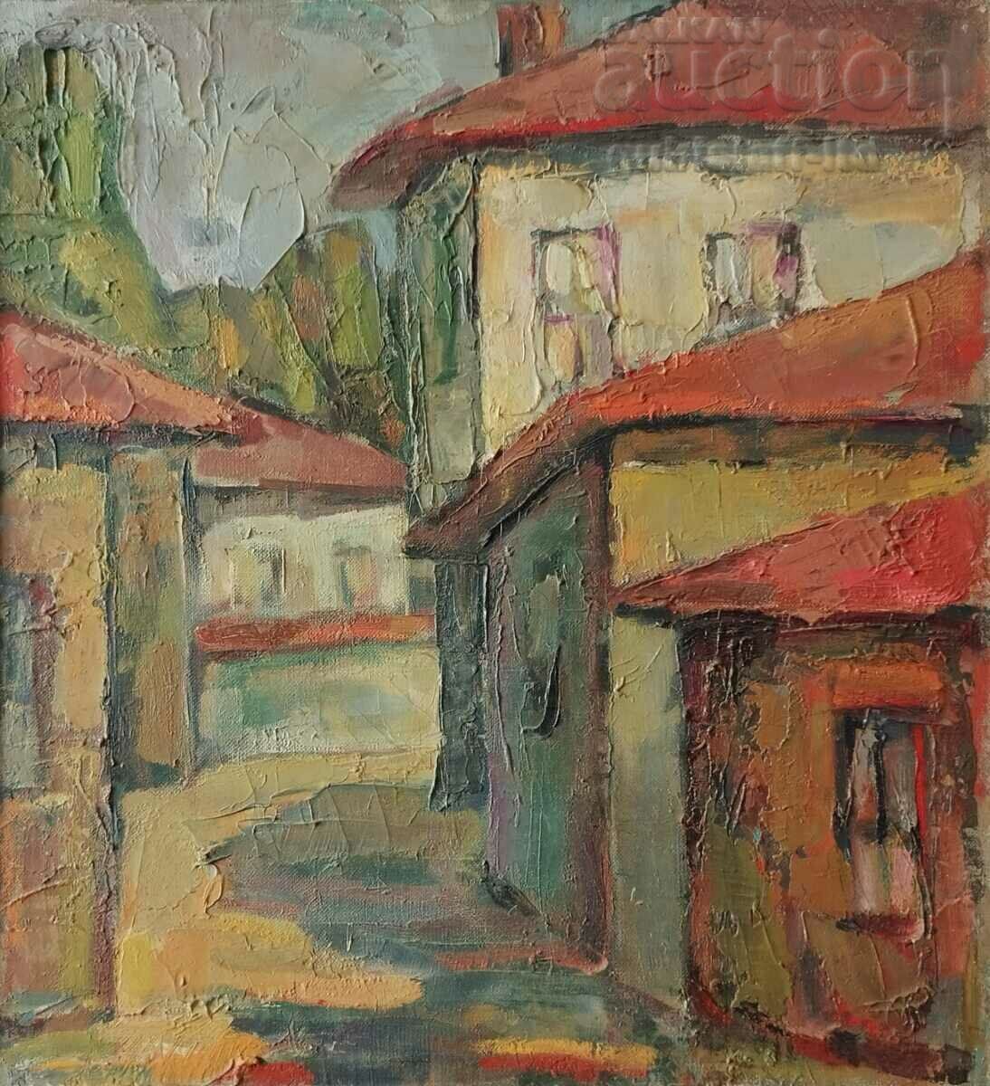 Картина, стари къщи, български автор, 1983 г. с цена 320.00 лв. | € 163.61