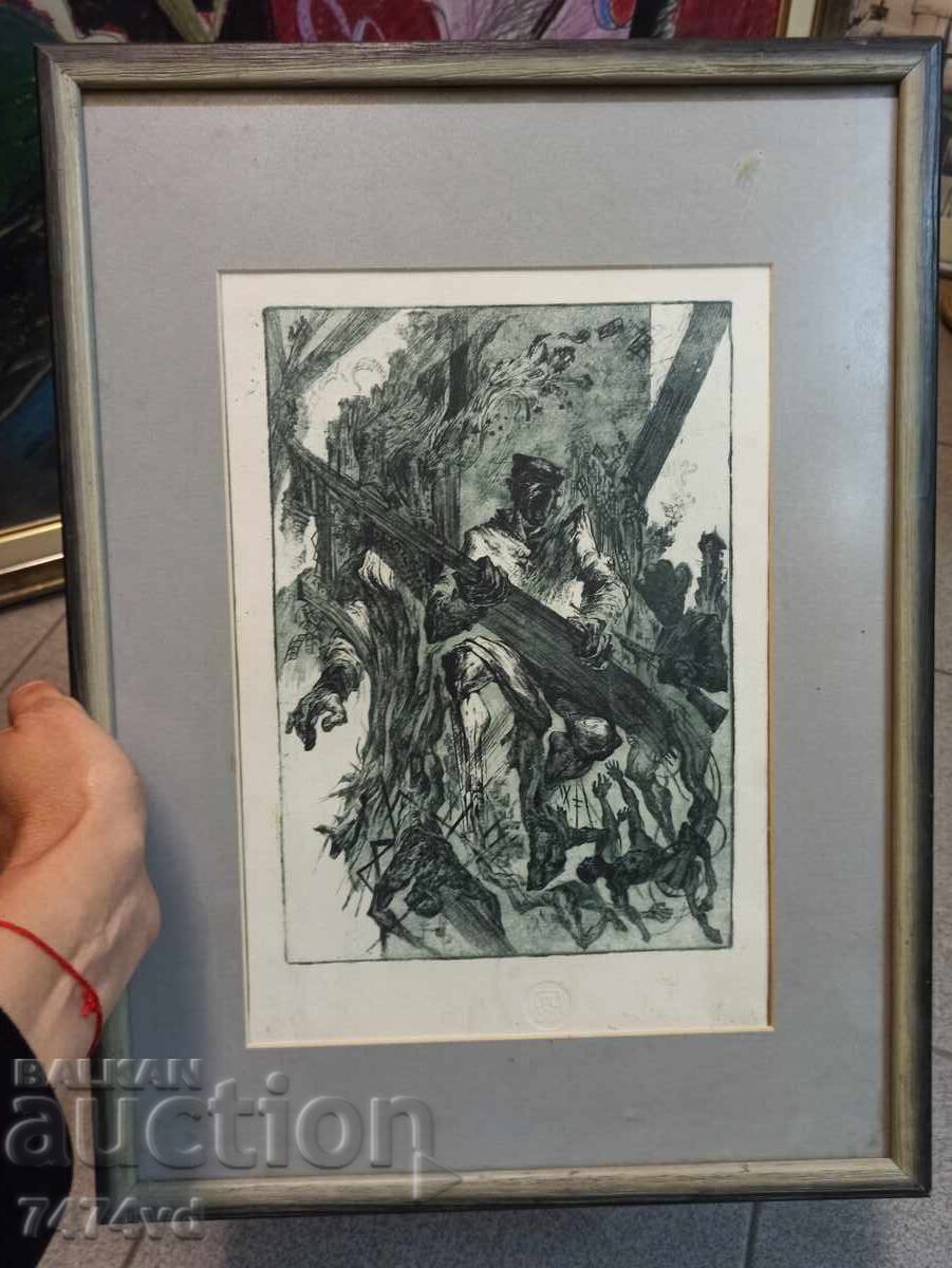 Original graphic art 1960-1980, military scene, battle!