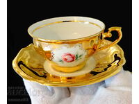 Ceașcă cu farfurie porțelan bavarez, aur pur, trandafir, baroc