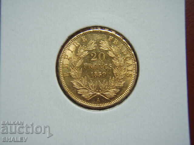 Licitație 20 Franci 1859 A Franța (20 franka Frantsiya) - AU+ (zlato)