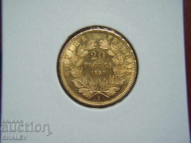 20 Φράγκα 1859 A Γαλλία (20 franka Frantsiya) - AU+ (χρυσός)