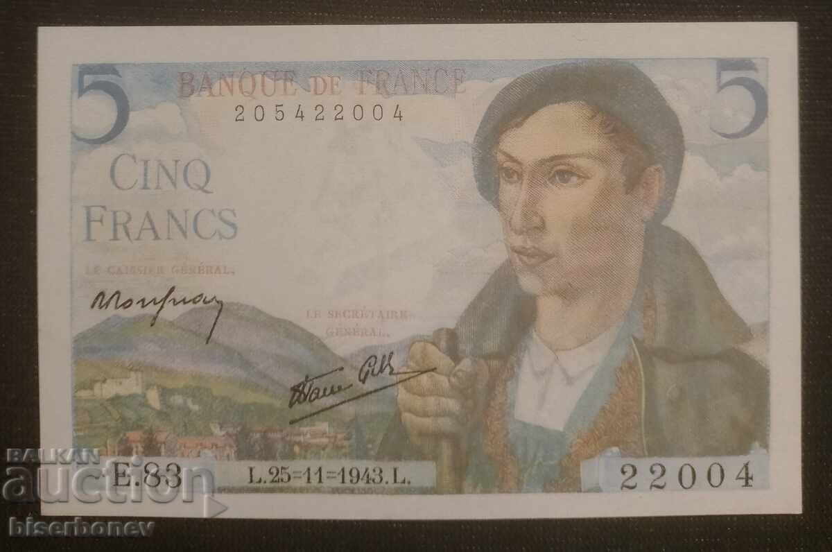 France, France 5 Francs 1943, aUNC France, France 5 Francs 1943, aUNC