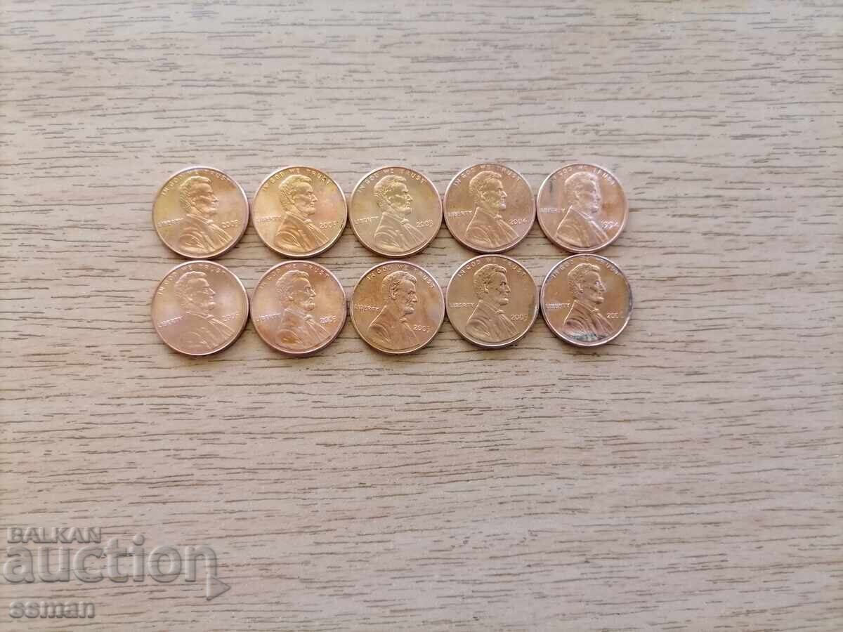 Lot of 1 cent US coins, 10 pieces Lot of 1 cent US coins, 10 pieces
