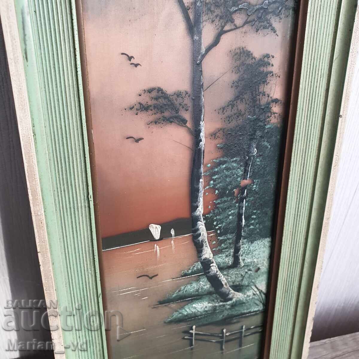 Licitație Picturi vechi mici „Peisaj lacustru”, pictate pe sticlă Licitație Picturi vechi mici „Peisaj lacustru”, pictate pe sticlă