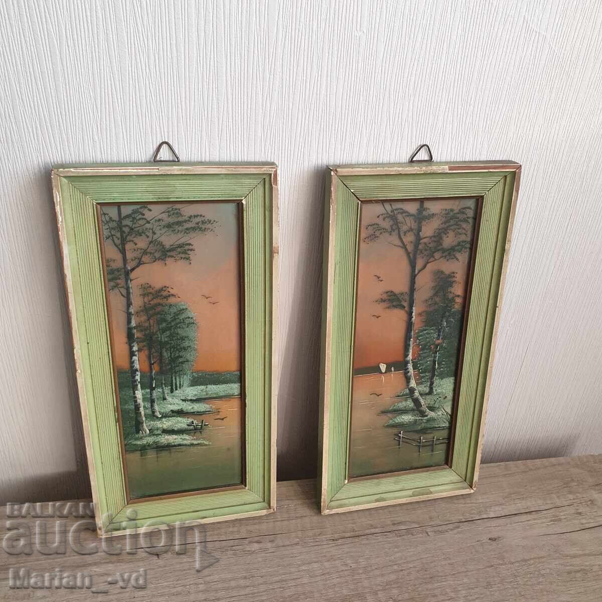 Picturi vechi mici „Peisaj lacustru”, pictate pe sticlă - 6 Picturi vechi mici „Peisaj lacustru”, pictate pe sticlă - 6